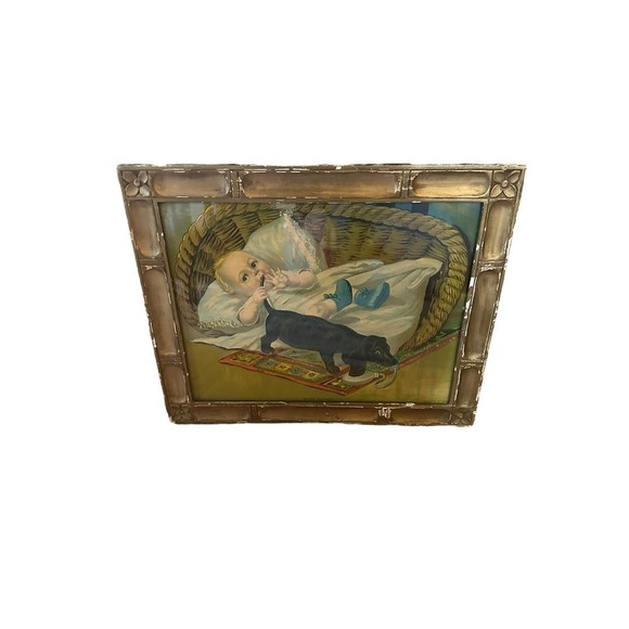 Framed lithograph 1911 baby and dog An Even Exchange - Picture 2 of 12